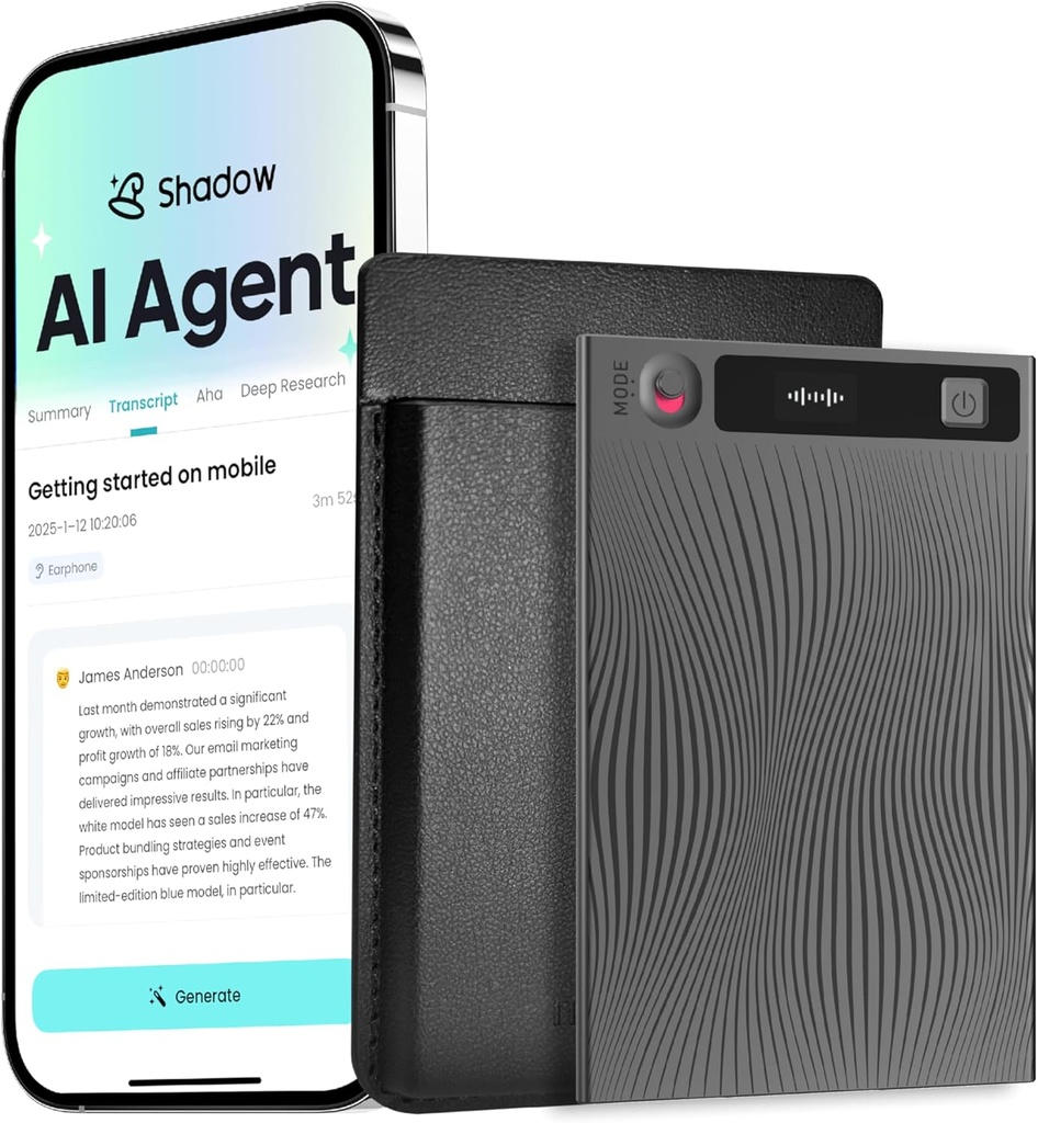 Mobvoi TicNote AI Voice Recorder 64GB Memory Note Recorder w/Case App Control 120+ Languages Transcribe Summarize with AI Shadow Digital Audio Recorder for Phone Calls Lectures Meetings Interviews