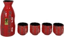 Ebros Gift 12oz Ceramic Traditional Red Chinese Calligraphy Of Fortune And Longevity Japanese Style Sake Set Carafe Flask With Four Cups