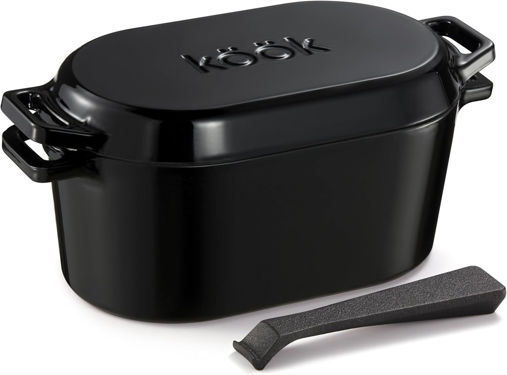 KooK Dutch Oven, for Bread Baking, Sourdough Loaf Pan, with Lid, Dual Handles, Enameled Cast Iron, includes Lid Lever, Dishwasher Safe, 3.4 Qt, Black