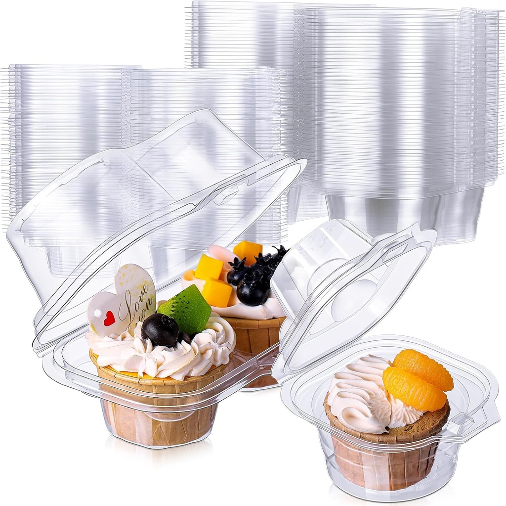 Maxdot 150 Pcs Cupcake Containers Plastic Disposable Cupcakes Carriers Set Include 100 Individual Cupcake Containers and 50 Pcs 2 Cavity Cake Carrier with Connected Airtight Dome Lid for Cake