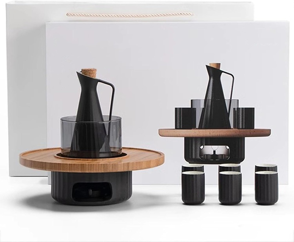 Ceramic Sake Set, Traditional Japanese Pottery Hot Sake Drink, with Warmer Pot and Round Bamboo Tray, Stovetop, 6Pcd Cup for Hot or Cold Japanese Sake (C)