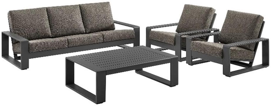 Modway Lirienne Aluminum 4-Piece Outdoor Furniture Set in Smoke – Patio Conversation Set with 3-Seater Sofa, 2 Armchairs & Coffee Table