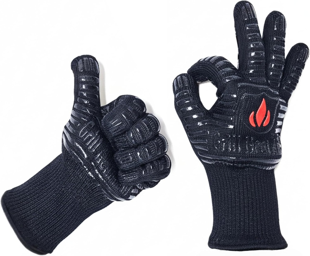 GRILL HEAT AID BBQ Grill Gloves 1472°F - Extreme Heat Resistant Oven Mitts for Grilling, Smoker & Fire Pit with Silicone Grip & EN407 Cut Resistance - Mid Cuff, Black
