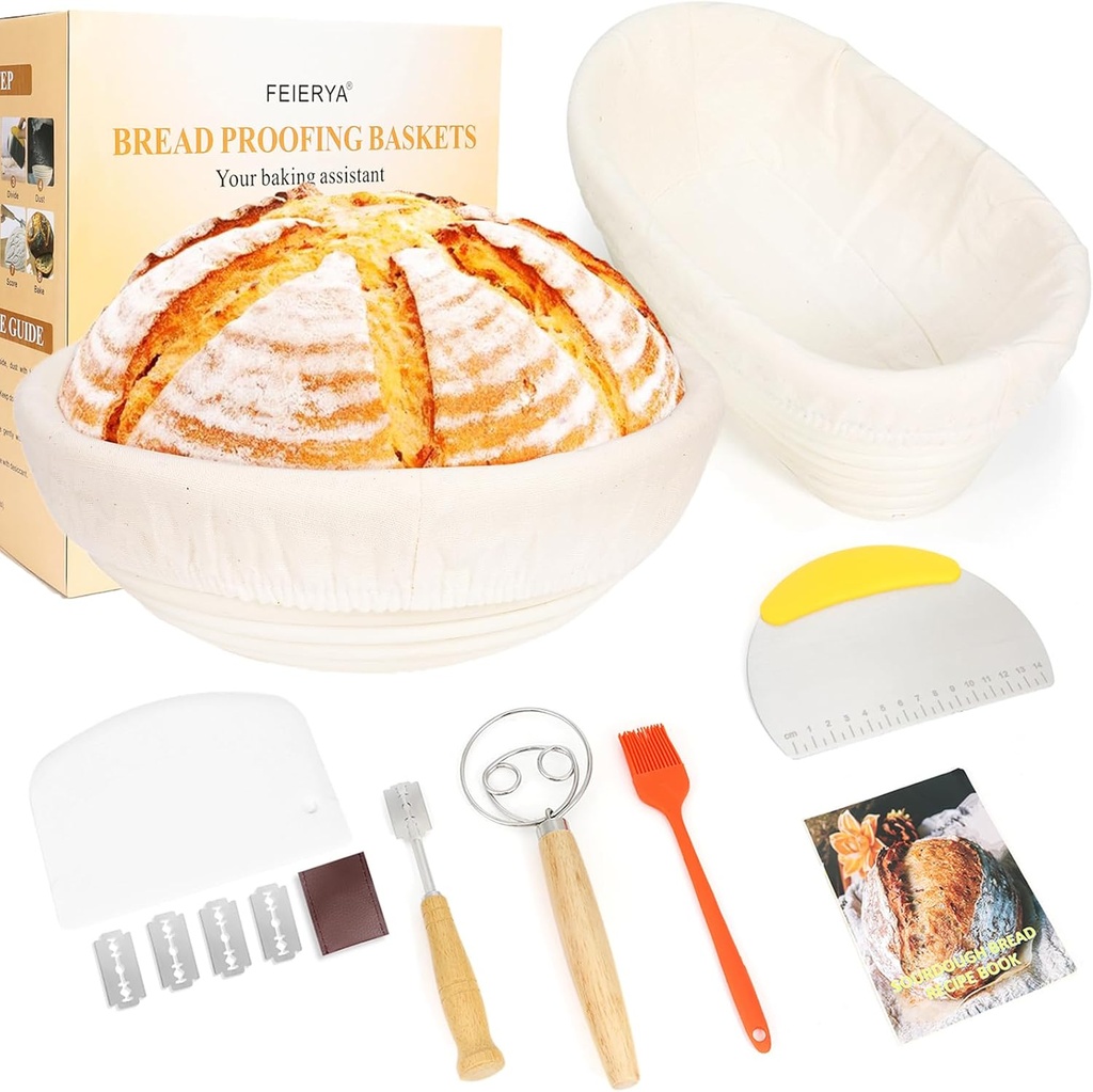 9 & 10 Inch Banneton Bread Proofing Basket Set with Liners,Dough Scraper,Bread Lame & Danish Whisk - Oval and Round Sourdough Baking Kit for Professional & Home Use