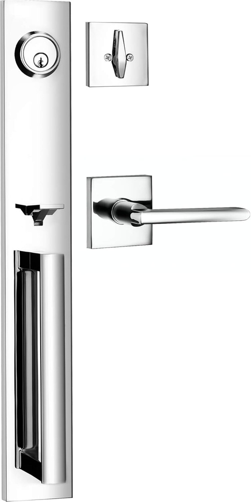 Berlin Modisch Full Escutcheon HandleSet Front Door Entry Handle and Deadbolt Lock Set Slim Square Single Cylinder Deadbolt and Lever Heavy Duty – Polished Chrome Finish