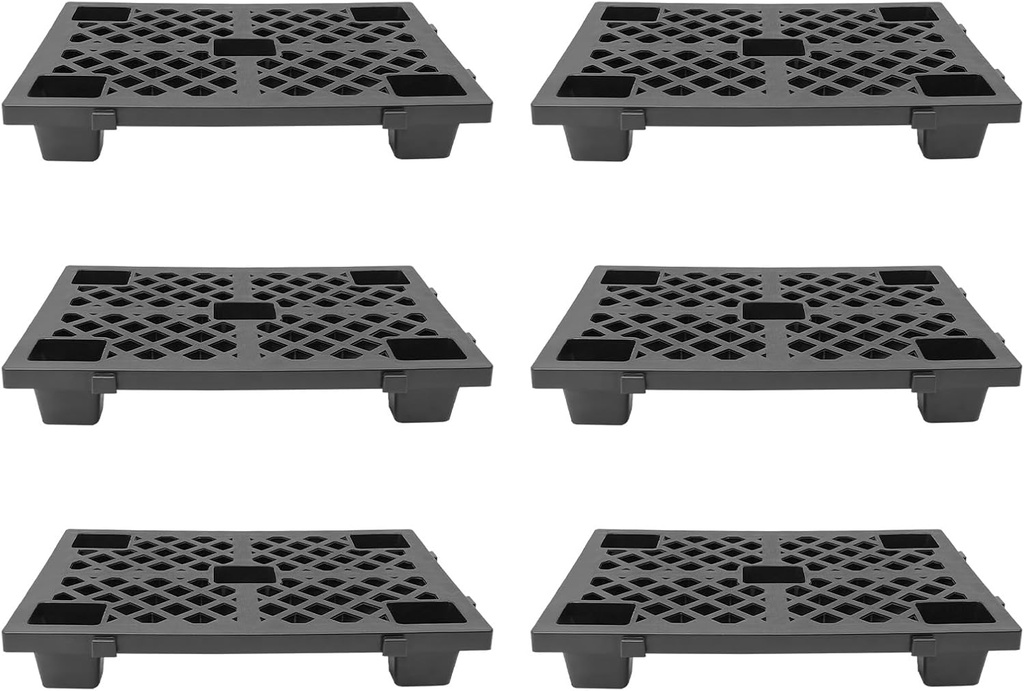 6 Pcs Plastic Pallets 15 x 24 Inch, Waterproof Stackable Storage Floor Pallet Basement Display Pad for Garage, Supermarket, Warehouse, Support Up to 220 Lbs Black
