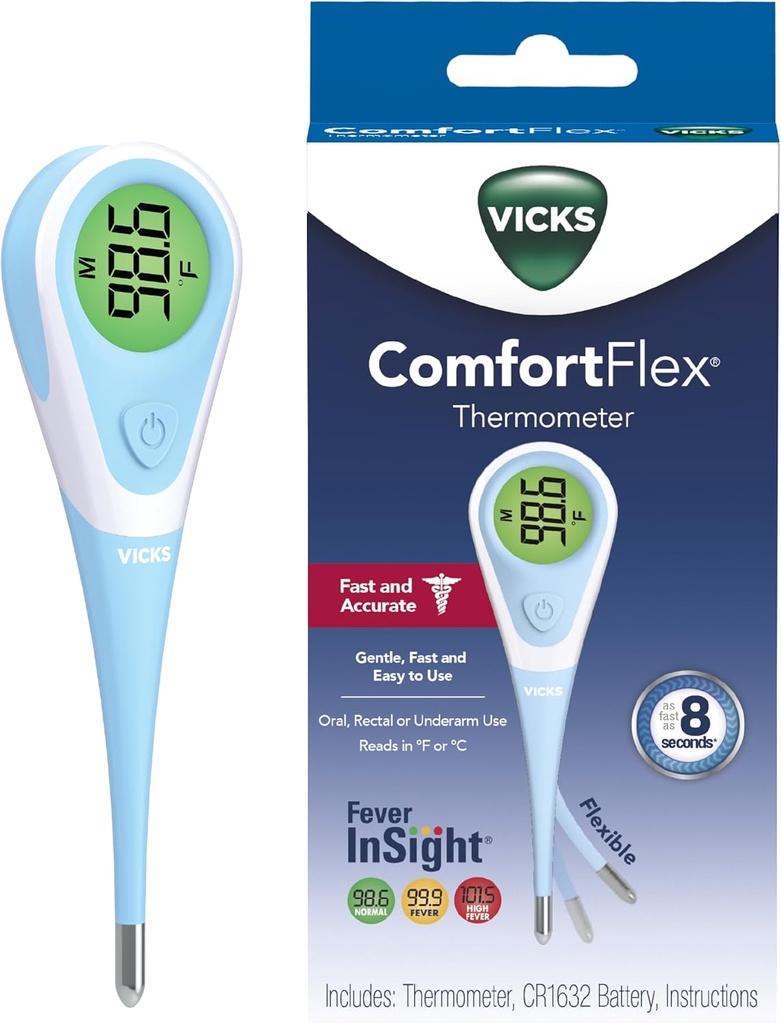 Vicks ComfortFlex Digital Thermometer: Accurate Color-Coded Reading in 8 Seconds, Digital Thermometer for Adults & Children, Oral, Rectal, or Under Arm Use