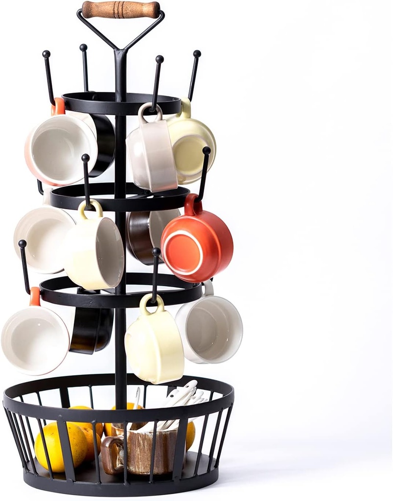 Coffee Cup Tree, Black Metal Coffee Tree Mug Holder, 4 Tiers Cup Trees Stand for 12 Mug Hooks with Storage Basket & Wooden Handle, Mug Rack Countertop for Counter Bar Kitchen