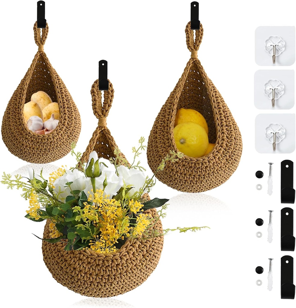Hanging Fruit Baskets for Kitchen, 3-Pack Handwoven Wall-Hanging Storage Storage Baskets for Organizing, Fruit Holder for Kitchen Countertop, Home Decor, Fresh Produce, Whit 6 Hooks