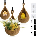 Hanging Fruit Baskets for Kitchen, 3-Pack Handwoven Wall-Hanging Storage Storage Baskets for Organizing, Fruit Holder for Kitchen Countertop, Home Decor, Fresh Produce, Whit 6 Hooks