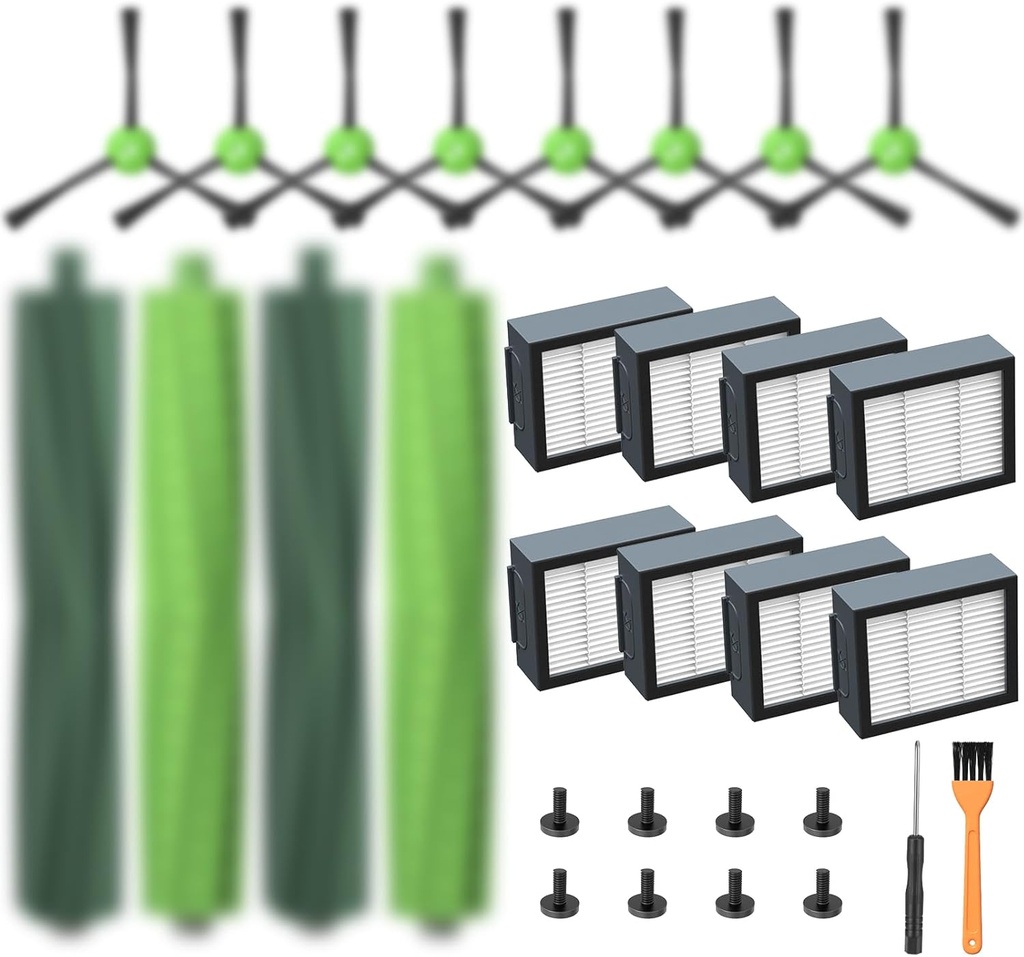 Replacement Parts for iRobot E, I & J Series, Combo i5, j5 Robot Vacuum Accessories Kit Include: 2 Set of Multi-Surface Rubber Brushes + 8 HEPA Filters + 8 Edge-Sweeping Brushes