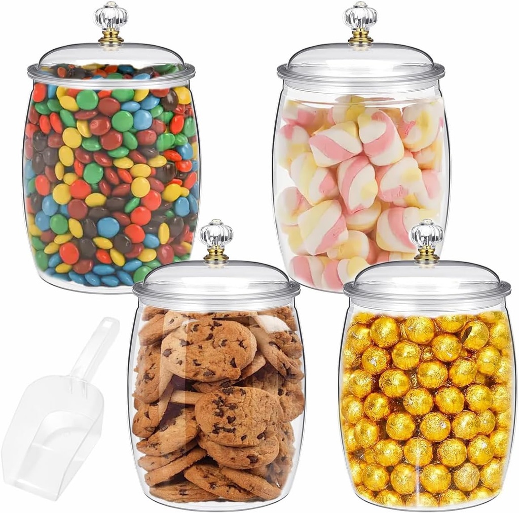 4 Pcs Plastic Candy Jars Cookie Jars with Airtight Lids, 76 Oz Food Organization Canisters for Kitchen, Clear Decorative Apothecary for Cookie, Candy, Sugar, Coffee, Nuts (4 Jars 76Oz+1 Scoops)