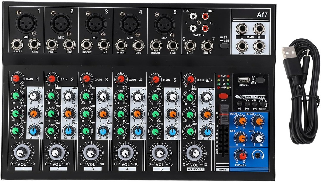 7 Channel Sound Mixer with BT, USB Interface, LED Indicators for Home Stage Live Streaming, Ultra Slim Design, Full Dynamic Control, Suitable for IOS, Tablets, MP3 players