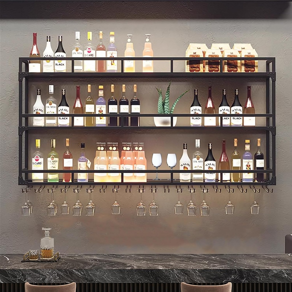 Floating Iron Bar Shelves with Wine Glass Holder Metal Liquor Bottle Display Shelf for Home Kitchen Wine Cellar Wall Mounted Hanging Wine Storage Racks in d/Black Finish (Black 120X25X90cm)