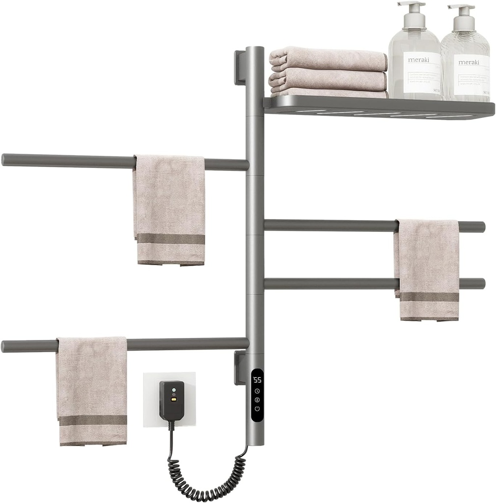Swivel Heated Towel Rack, Wall Mounted Electric Towel Warmer Rack for Bathroom, 4 Round Bars Swivelable Towel Dryer with Tray, Towel Heater with Built-in Timer,for bathroom,Salons & Spas(G64-Gun Gray)