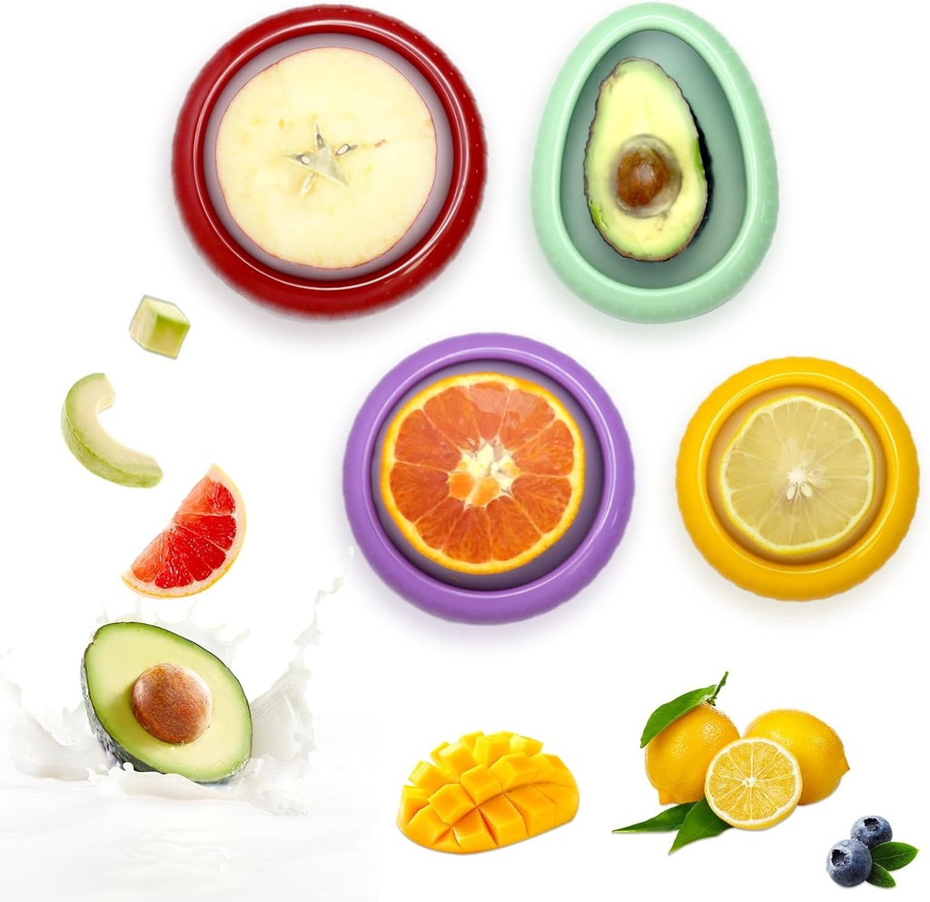 Avocado Saver and Onion Holder -Set of 4 Reusable Fruit and Veggie Savers for Fridge - BPA-Free, Prevent Flavor Mixing, Keep Fresh (Cyan, Purple, Red And Yellow)