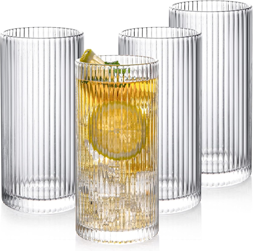 Drinking Glasses with Origami Style Set of 4 Glass Cups, 12 oz Ribbed Glassware, Highball Glass Cups, Elegant Art Deco Ripple Vintage Glassware, Juice Glasses, Ideal for Cocktail, Beer