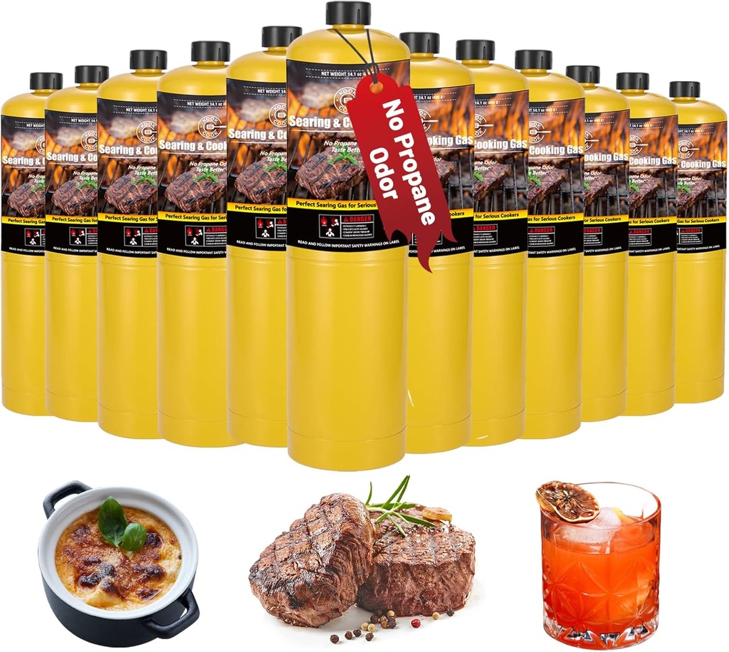 14.1oz MAPP Gas 12 Bottle Kit 99.99% High Purity Equal to MAPP Gas Hotter than Propane No Odor Cooking Searing Camping Gas to Broil Sous Vide for Welding Brazing Soldering Propane Torch Head