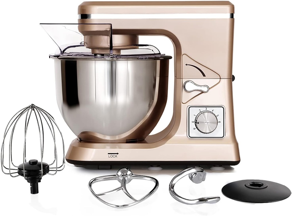 Stand Mixer 6+1 Speeds 1000W Tilt-Head Kitchen Electric Stand Mixer Food Mixers with Dough Hook, Whisk, Beater, Splash Guard & Mixing Bowl for Baking by,White (Color : Gold)