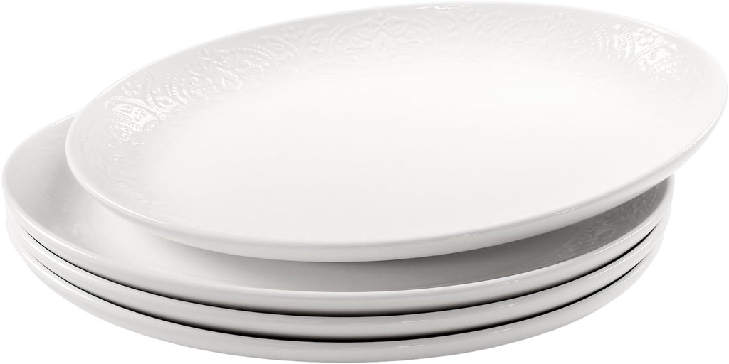 Ceramic Serving Platters Set of 4, White 10 Inch Oval Relief Platters, Entertaining Modern Kitchen Dishes, for Dinner, Fruit, Salad, Pasta - Microwave, Oven & Dishwasher Safe