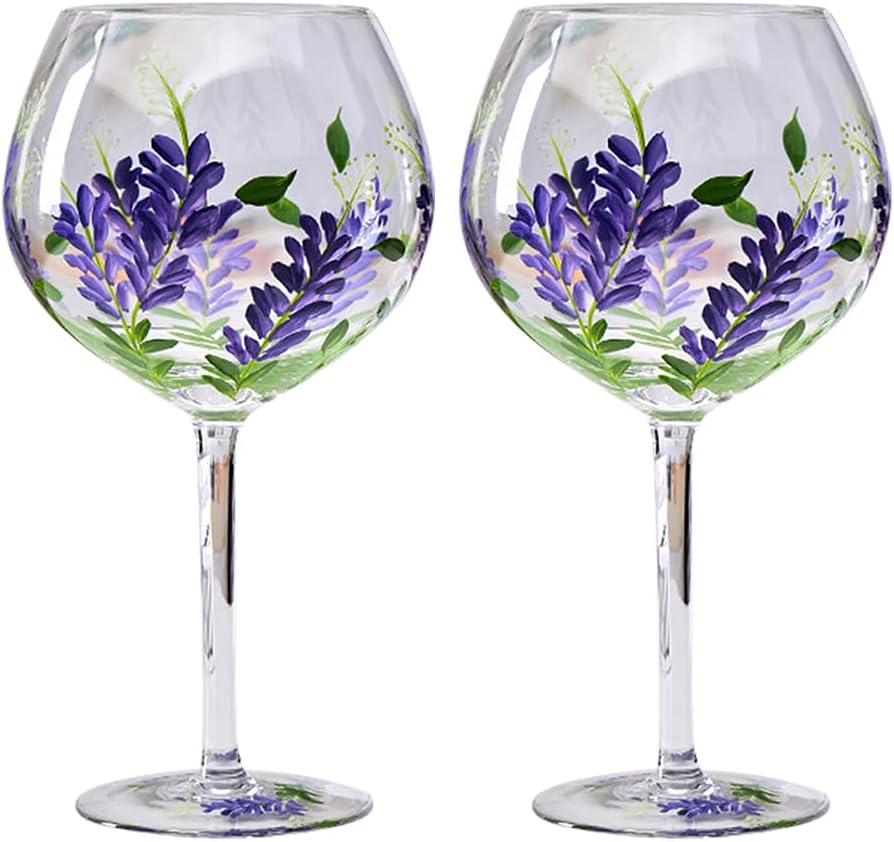 SKINFORD 2PCS Hand Painted Flower Wine Glass Rose Stemmed Wine Glasses Flower Goblet Butterfly Wine Glass Cocktails Novelty Gift for Birthdays Weddings Rustic Country Farmhouse (Lavender)