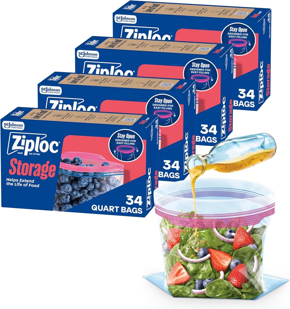 Ziploc Quart Food Storage Bags, Stand-Up Bottom, Easy to Fill, 136 Count (Packaging May Vary)