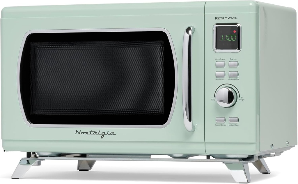 Nostalgia MCMO9FTSG Mid-Century Retro 0.9 Cu. Ft. 900-Watt Countertop Microwave Oven with LED Display, 5 Power Levels, 8 Cook Settings, Seafoam Green