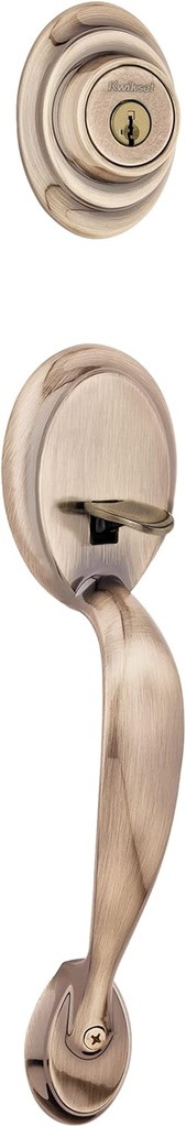 Kwikset Dakota Front Door Lock Handle and Deadbolt Set, Entry Handleset Exterior with Interior Door Knob, Antique Brass, Pick Resistant SmartKey Rekey Deadbolt Security