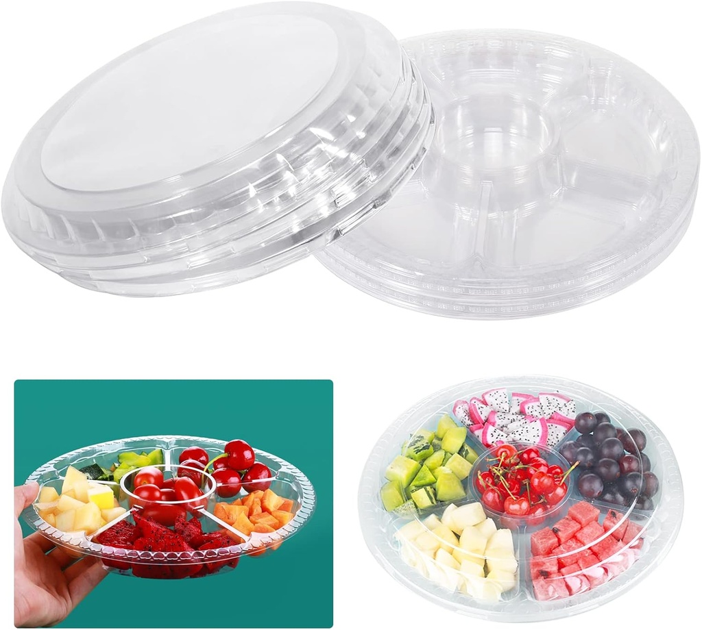 10 Pcs Round Plastic Appetizer Tray with Lid - Divided Serving Tray, Disposable Food Storage Trays Containers, Plastic Tray Storage, Kids Snack, Fruit Platter Vegetable Trays for Party and Buffet