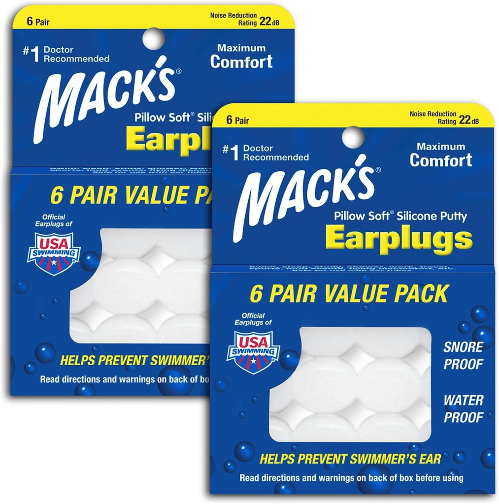 Mack's Pillow Soft Silicone Earplugs, Value Pack - The Original Moldable Silicone Putty Ear Plugs for Sleeping, Snoring, Swimming, Travel, Concerts and Studying, 6 Pair (Pack of 2)