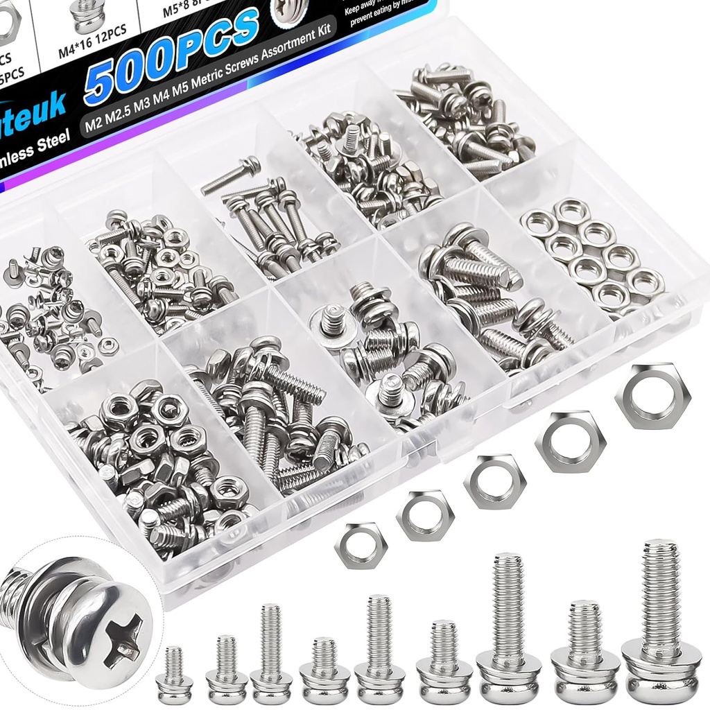 mxuteuk 500PCS Nut and Bolt Assortment Kit,M2 M2.5 M3 M4 M5 Machine Screws,304 Stainless Steel Small Metric Screw and Nuts for DIY Projects,Electronics,Repairs