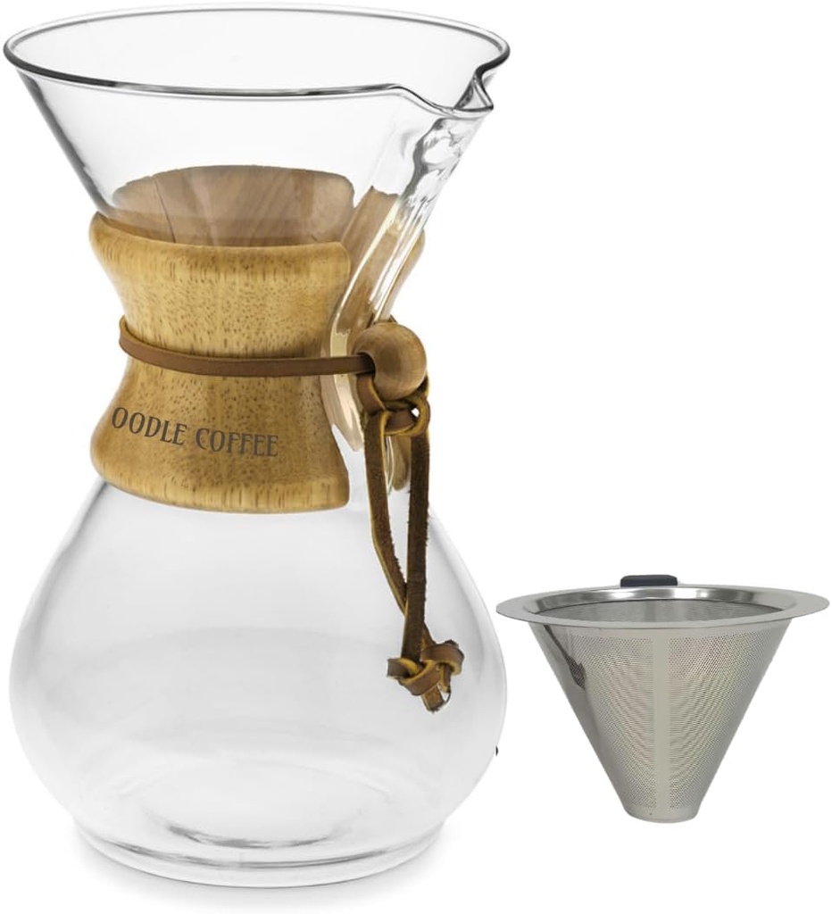 Pour Over Coffee Maker, Wood and Glass, 600ml with Stainless Steel Filter, 5 x 9 inches