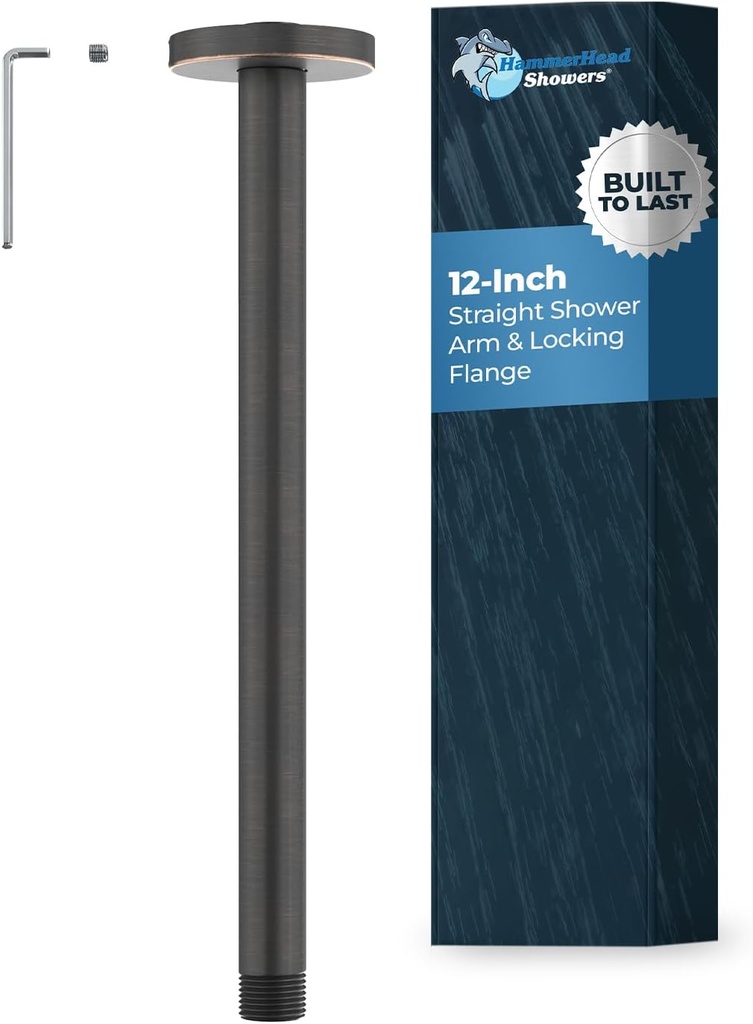 HammerHead Showers Solid Metal 12 Inch Ceiling Mount Shower Arm and Flange with Set Screw, Extra Long Straight Shower Arm for Rain Shower Head, Ceiling-Mounted Rain Shower Arm, Oil Rubbed Bronze