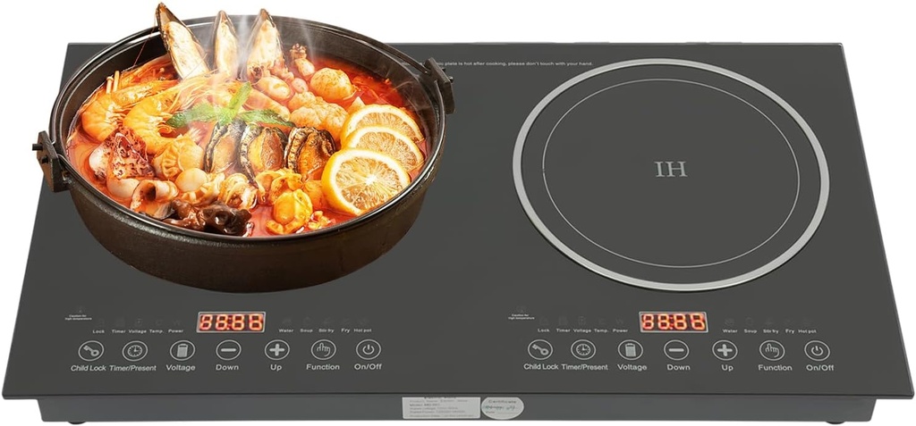 Double Induction Cooker 2 Burner Induction Cooktop 1200W Electric Burner Cooker Tempered Glass Conduction Cooktop with 8 Gear Firepower 2 Burners Electromagnetic Oven for Kitchen