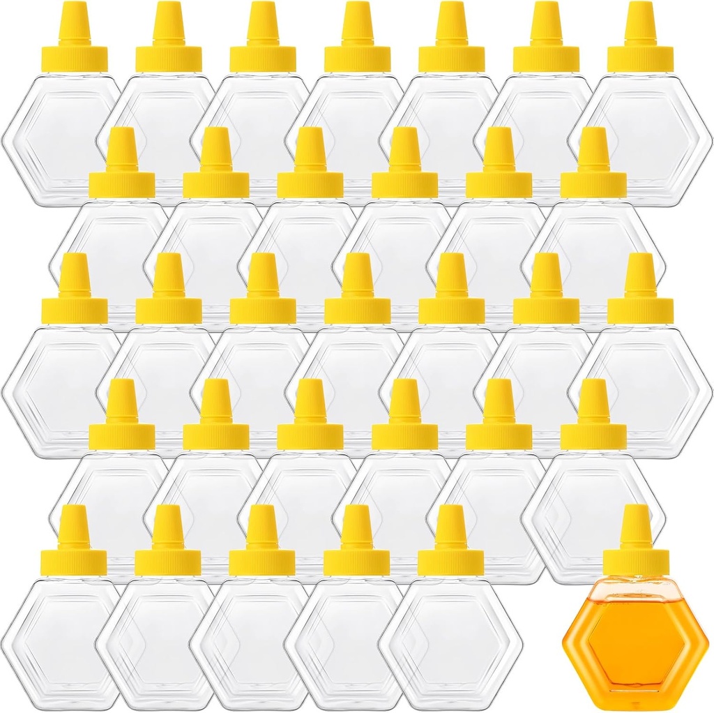 32 Pcs 7 oz Honey Squeeze Bottle Plastic Empty Beehive Bottle Jar with Spout Lid Clear Refillable Honey Containers for Condiment Storing and Dispensing Dispenser, Hexagon Shape