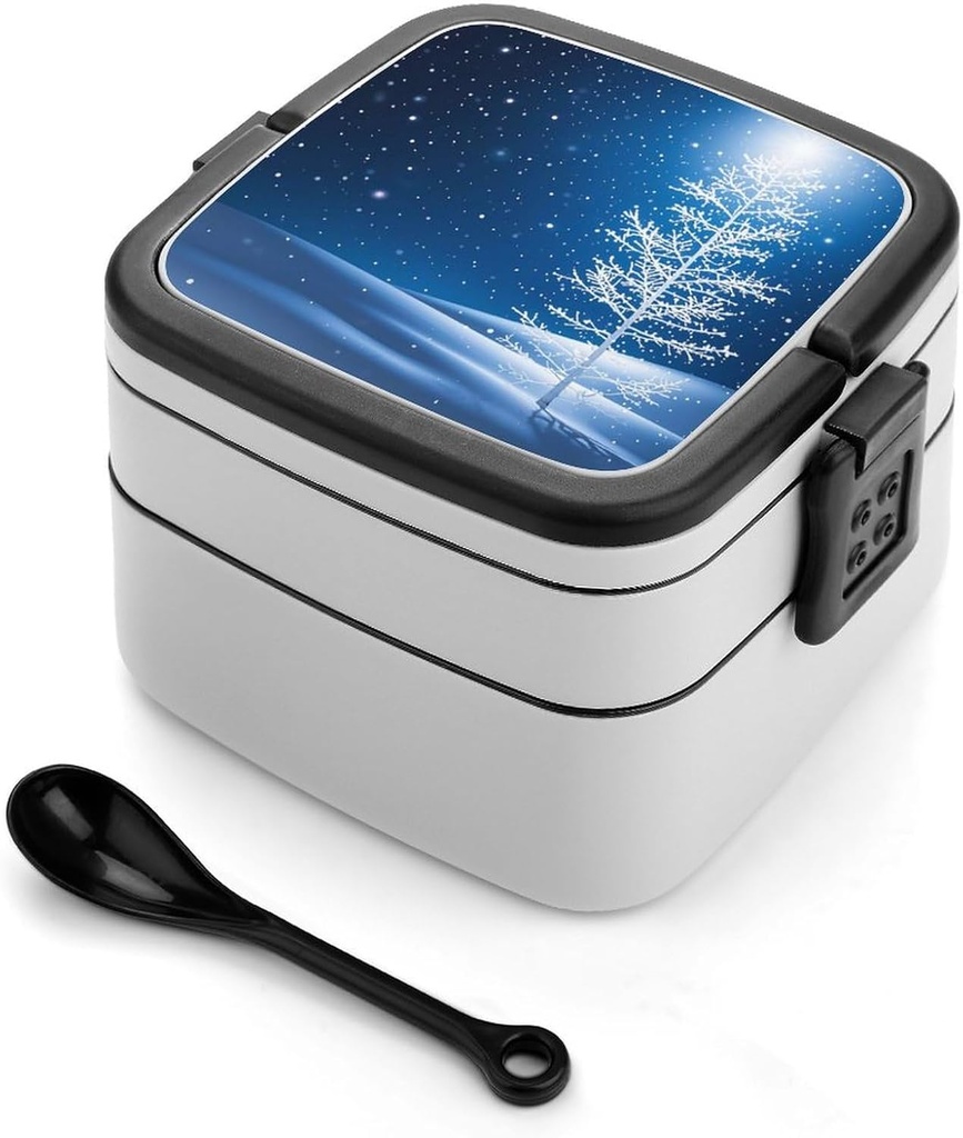 Bento Box Stackable 2 Layers Containers Adult Lunch Box White Snowflakes Are Falling Lunchbox for Women Men All-in-One Meal Prep Containers Leakproof Lunch Containers for Work