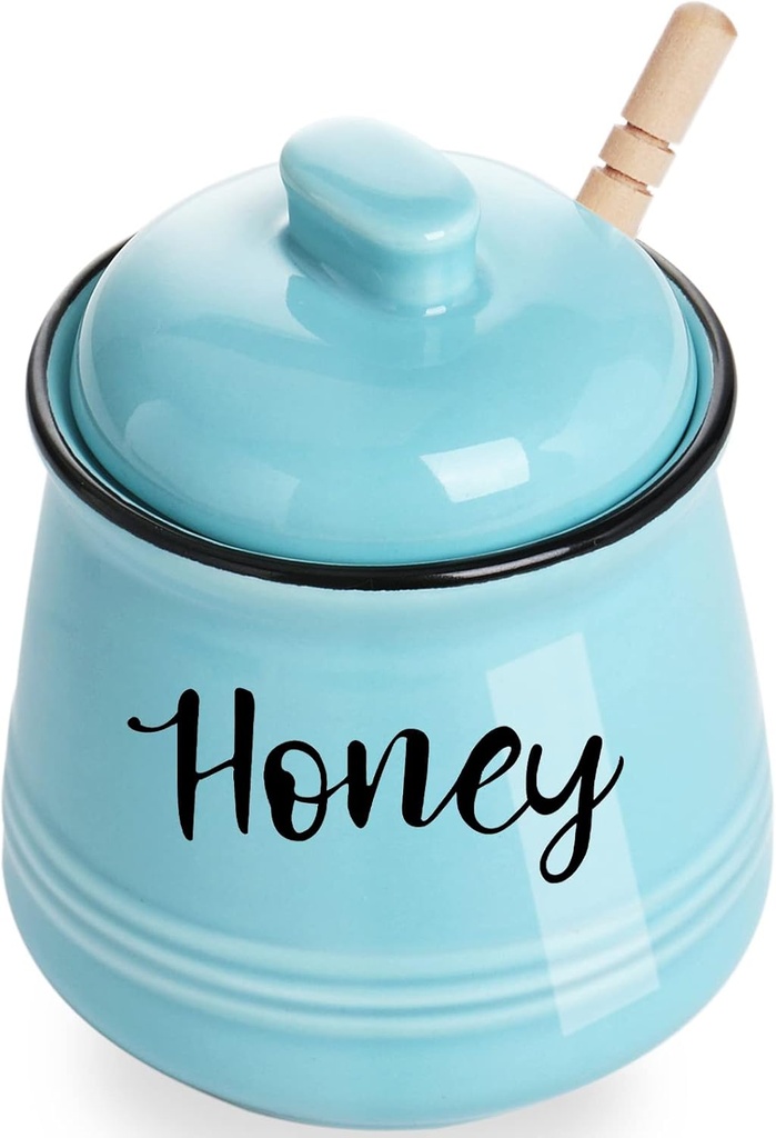 HAOTOP Farmhouse Porcelain Honey Jar with Dipper and Lid Set 12oz,Easy to Clean (Turquoise)