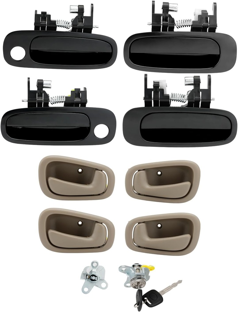 Door Handle Kit, w/ Lock Cylinders & Keys, Compatible with 1998-2002 Toyota Corolla & Chevy Prizm, Interior & Exterior Front & Rear Left Driver & Right Passenger Side, OE# 77563, 80423, 79501, DL166