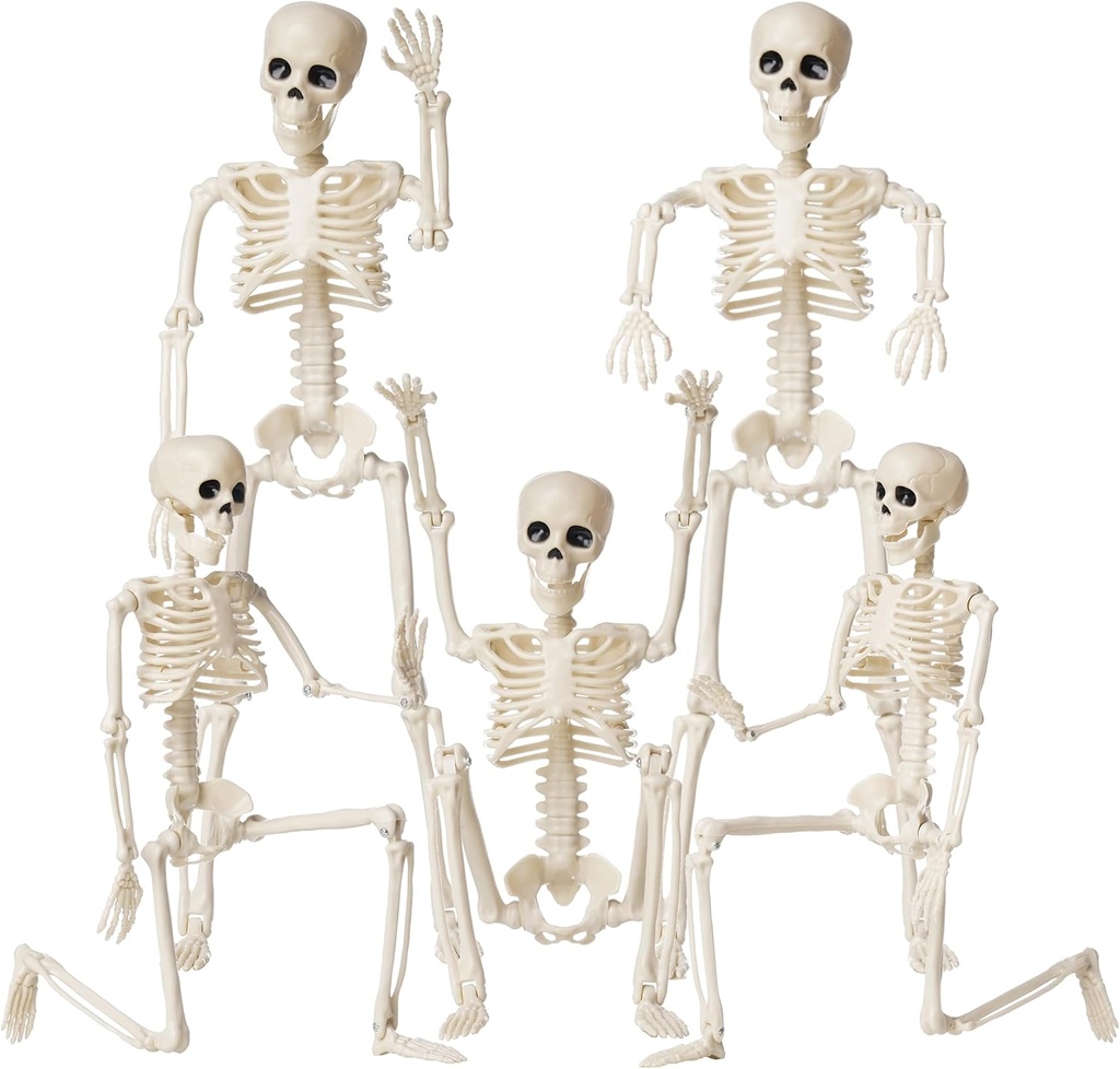 Halloween Skeletons Decorations, 16" Posable Plastic Skeleton 5 Packs, Full Body Skeleton Bulk with Movable Joints, Realistic Spooky Scary Skeletons for Outdoor Indoor Halloween Party Haunted House