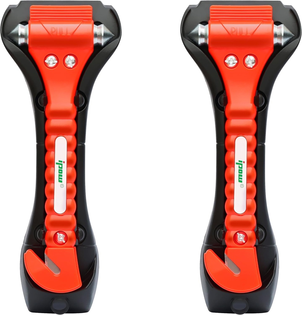 IPOW 2 Pack Car Window Breaker Seatbelt Cutter, Heavy Carbon Steel Glass Breaker Car Safety Hammer Emergency Escape Tool, Auto Rescue Life Saving Survival Kit for Car, Office, Home
