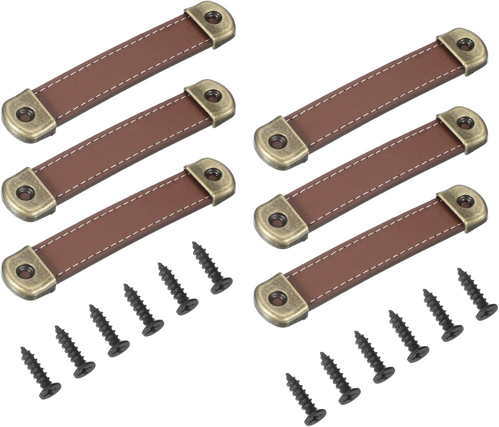 PATIKIL 4.4" Leather Drawer Pulls with Iron Sheet, 6 Pcs Leather Strap Trunk Handle Cabinet Knobs Hardware Replacement with 18mm Screws for Dresser Door Suitcase Luggage, Light Brown