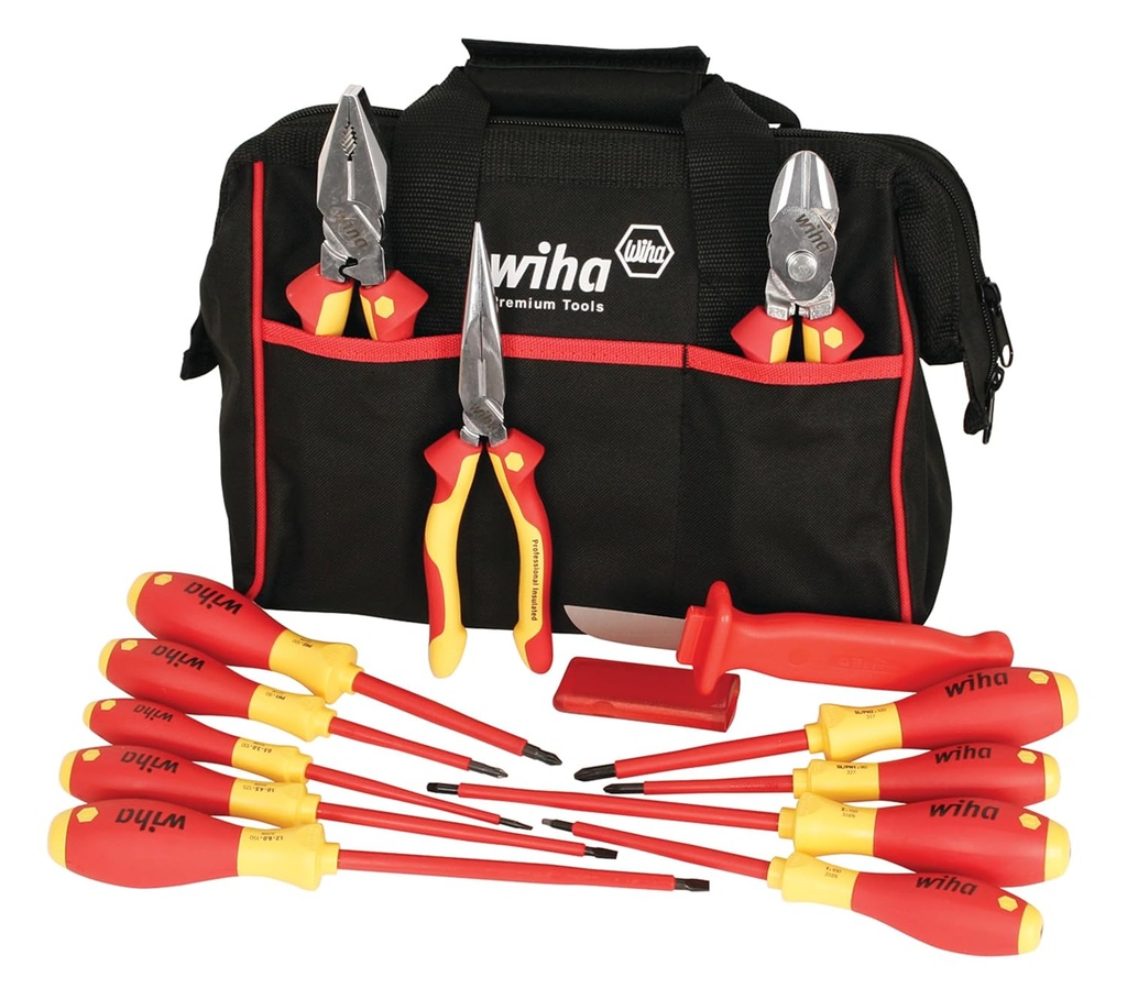 Wiha 32878 Insulated Tool Set with Pliers, Cutters, Xeno, Square, Slotted & Phillips Screwdrivers in Tool Box, 13-Piece