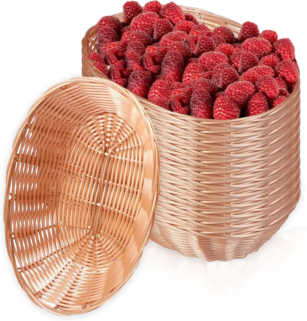 12 Pack Plastic Oval Basket, Empty Bread Basket 10 x 6.25 x 3 Inch Food Storage Basket Bulk, Plastic Wicker Baskets Bin for Kitchen Serving, Centerpiece Display, Christmas Gifts, Brown