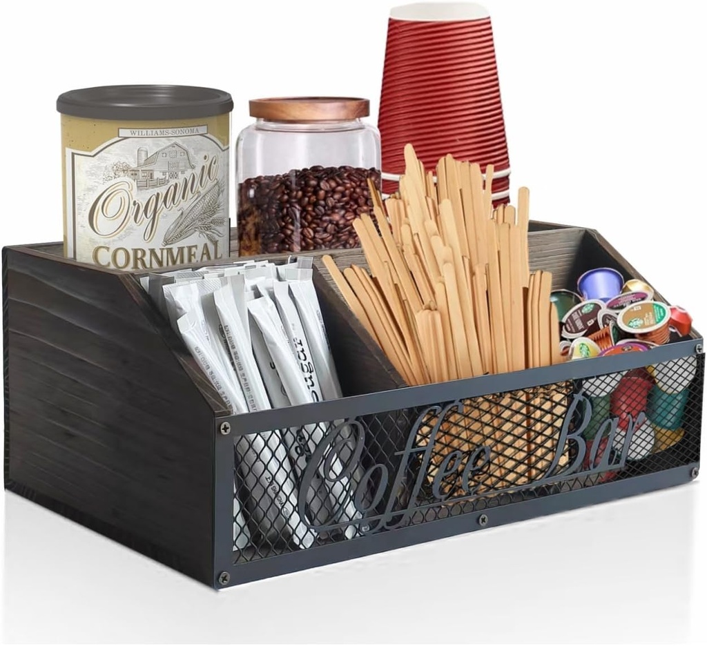 Coffee Station Organizer for Countertop, Wood Coffee Bar Organizer, Coffee Pods Holder Storage Box, Rustic Bar Accessories for Decor, Syrup and Tea Condiment (Brown)