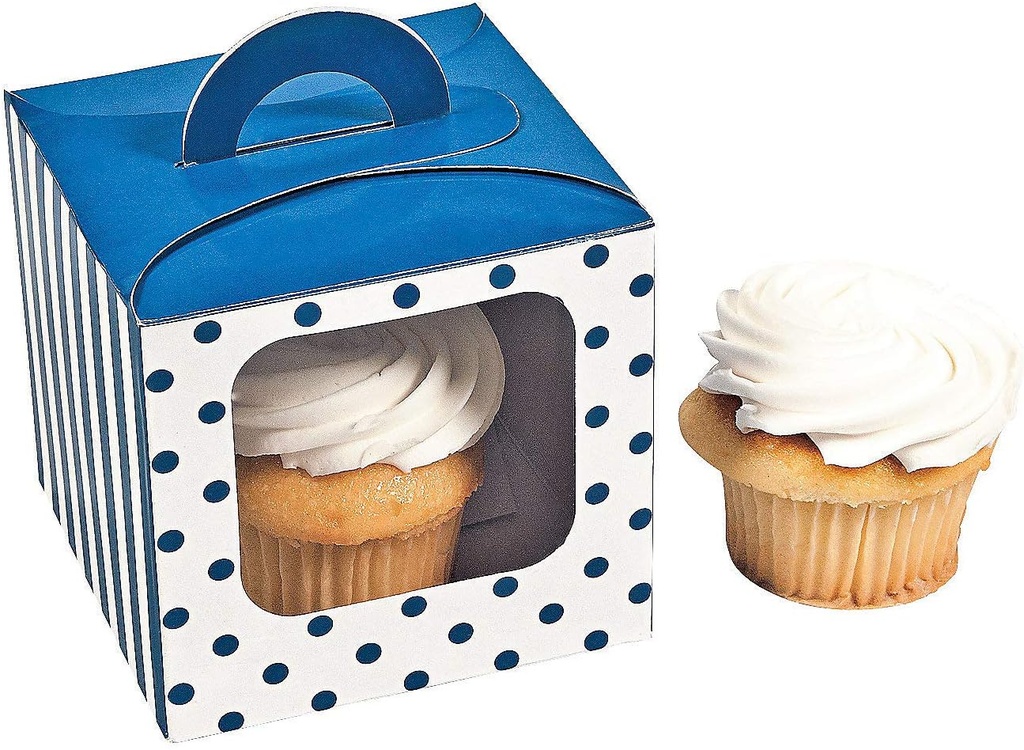 Fun Express - Blue Polka Dot Cupcake Box W/handle - Party Supplies - Containers & Boxes - Paper Boxes - 12 Pieces