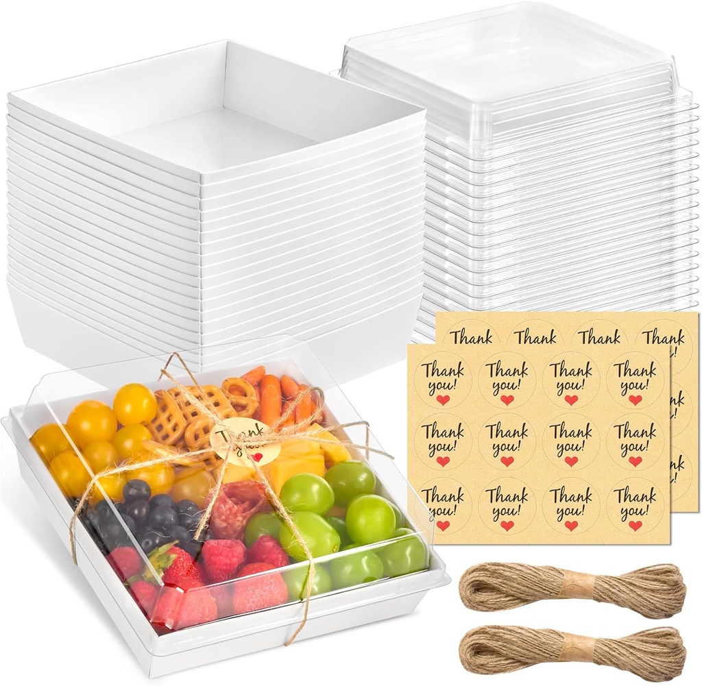 Kucoele 7 x 7 Inches Charcuterie Boxes with Clear Lids, 20 Pack Disposable Large Paper Charcuterie Boxes, To Go Food Containers for Charcuterie, Sandwiches, Cookies, Cake Slices, Strawberries (White)