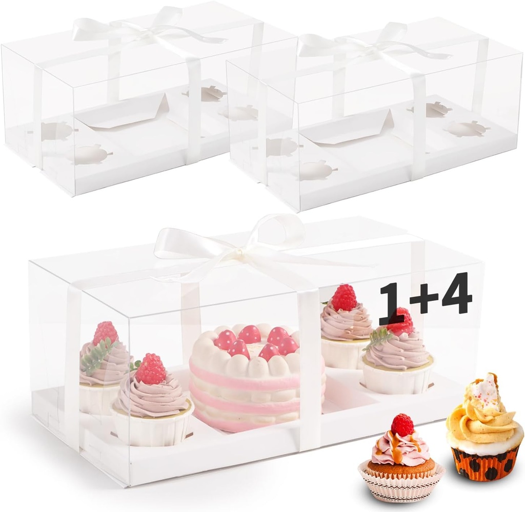 JCD 3pcs Clear Cupcake Boxes Combo,Cake and Cupcakes Box 1+4 Bento Box with Clear Window Bento Boxes Fit 4 Cupcake and 1 Mini Cake for Valentine Wedding Birthday Party Bakery Supplies(1+4/3Pcs)