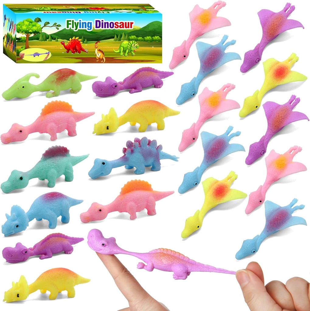 20 Pcs Slingshot Dinosaur Finger Toys, Halloween Toys Party Favors for Kids Sticky Rubber Dino Flying Catapult Fidget Toys for Boys Girls Goodie Bag Easter Basket Stuffers Valentines Xmas Gifts