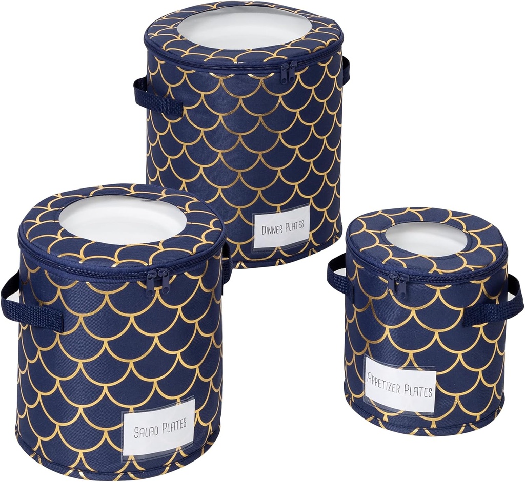 Honey-Can-Do Honey Can Do Round Dinnerware Storage Box Set of Three, Golden Scallop Print SFT-09238 Navy Blue
