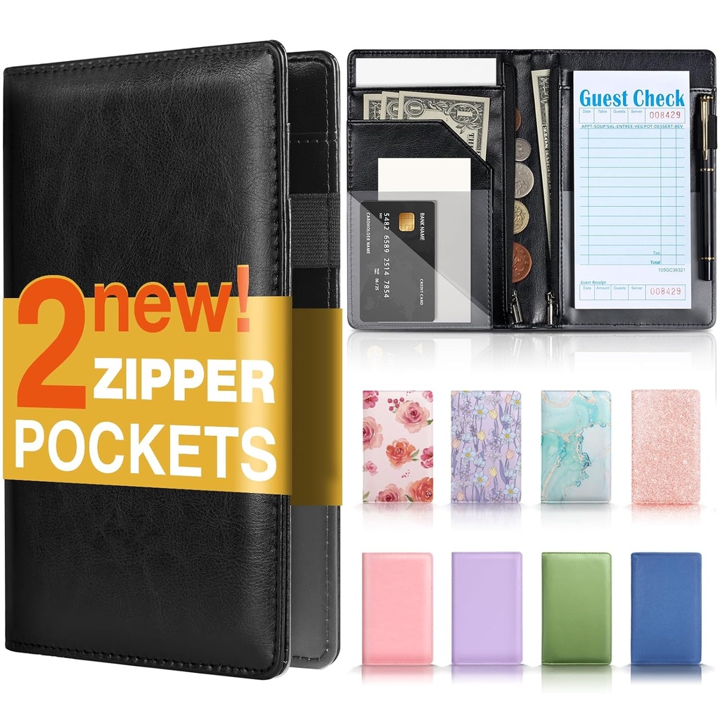 Forvencer Server Book, 2 Zipper Pocket, Server Books for Waitress, Waitress Book for Servers, Fits Waitress Apron, Guest Book, Waitress Accessories, Serving Book,Receipt Holder, Black
